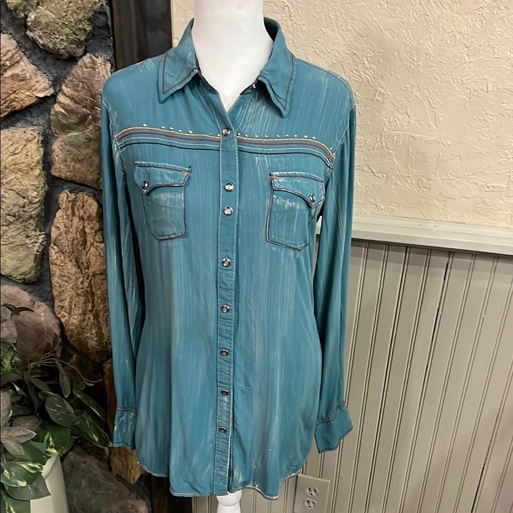 Blue Long Sleeve Button Down Shirt with Notched Collar